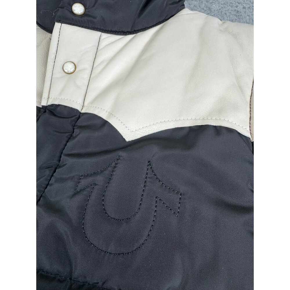 True Religion Mens Med Black/Cream Snap Puffer Vest W/ Leather Yoke NWT - Picture 3 of 13